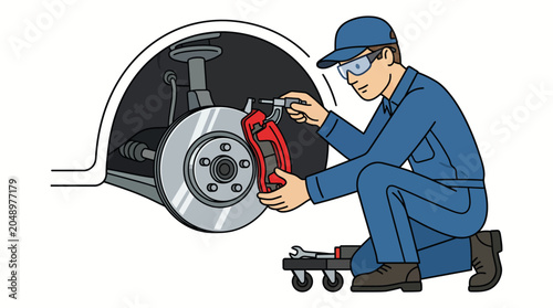Foto A mechanic in blue overalls and cap crouches to inspect and replace a car's red brake caliper with a silver wheel hub in a clean white background