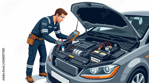 Photos Mechanic in workwear inspecting car engine with hood open on a plain white background with a technical mood