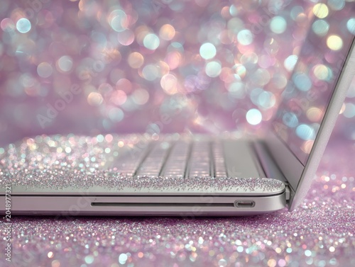 Shiny laptop with glitter background in soft pink tones  