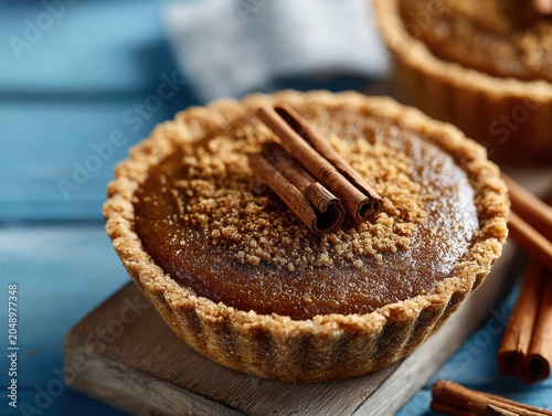 Pumpkin pie with cinnamon sticks on wooden board and blue background  