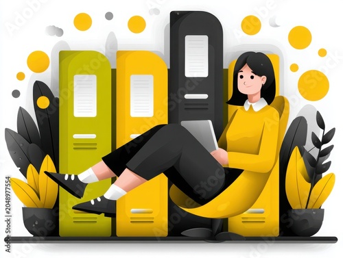 Young woman sitting with laptop in modern workspace with lockers  