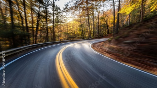 Dynamic motion blur captures a cyclist speeding downhill on a twisty mountain road with midday sunlight filtering through autumn trees