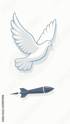 White dove flying above falling missile illustration on white background
