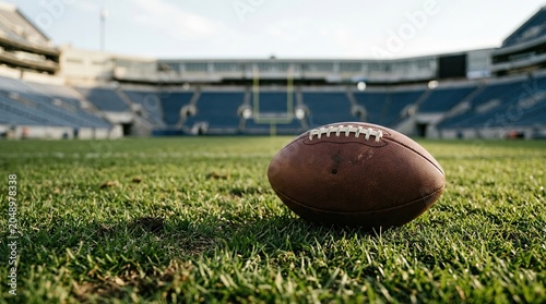 Close-up of American football on grass field in empty stadium during daytime