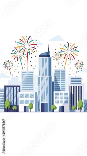 City Skyline with Colorful Fireworks and Confetti 