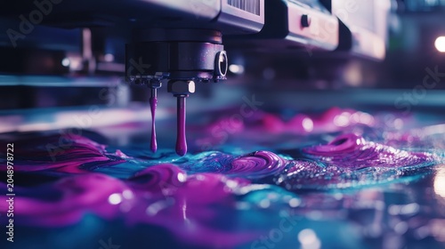 Closeup of Vivid Ink Droplets Falling During an Inkjet Printing Process Creating Abstract Patterns