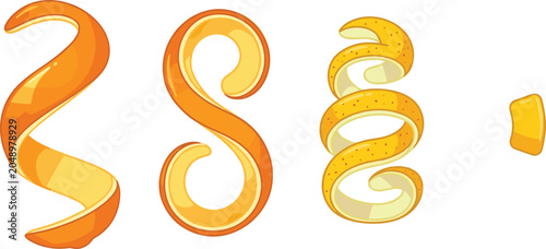 Orange Peel and Citrus Zest Spiral Vector Illustration Set for Refreshing Summer Drinks, Organic Food Packaging, and Fresh Fruit Cosmetics Product Designs