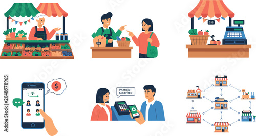 Cuadro en lienzo Local grocery market vector infographic set featuring fresh produce stalls mobil