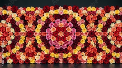 Vibrant floral wall backdrop with concentric rose patterns and colorful blooms