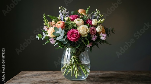 Vibrant Flower Bouquet in Glass Vase on Wooden Table