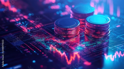 Stacks of Coins Overlapping a Digital Financial Graph Illustrating Investment Growth and Market Trends