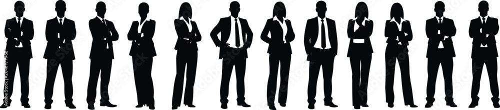 Fototapeta premium Corporate group silhouette illustration featuring professionals in formal attire, symbolizing workplace unity, teamwork, collaboration, and professional business identity concepts