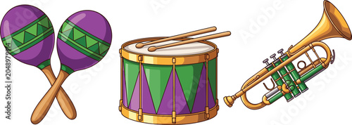 Fotografie Mardi Gras Musical Instruments Vector Set with Purple and Green Maracas Snare Dr