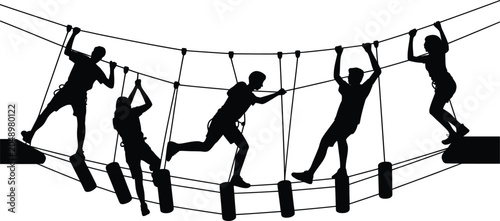 Foto Group of people silhouettes navigating high ropes course obstacles with silhouet