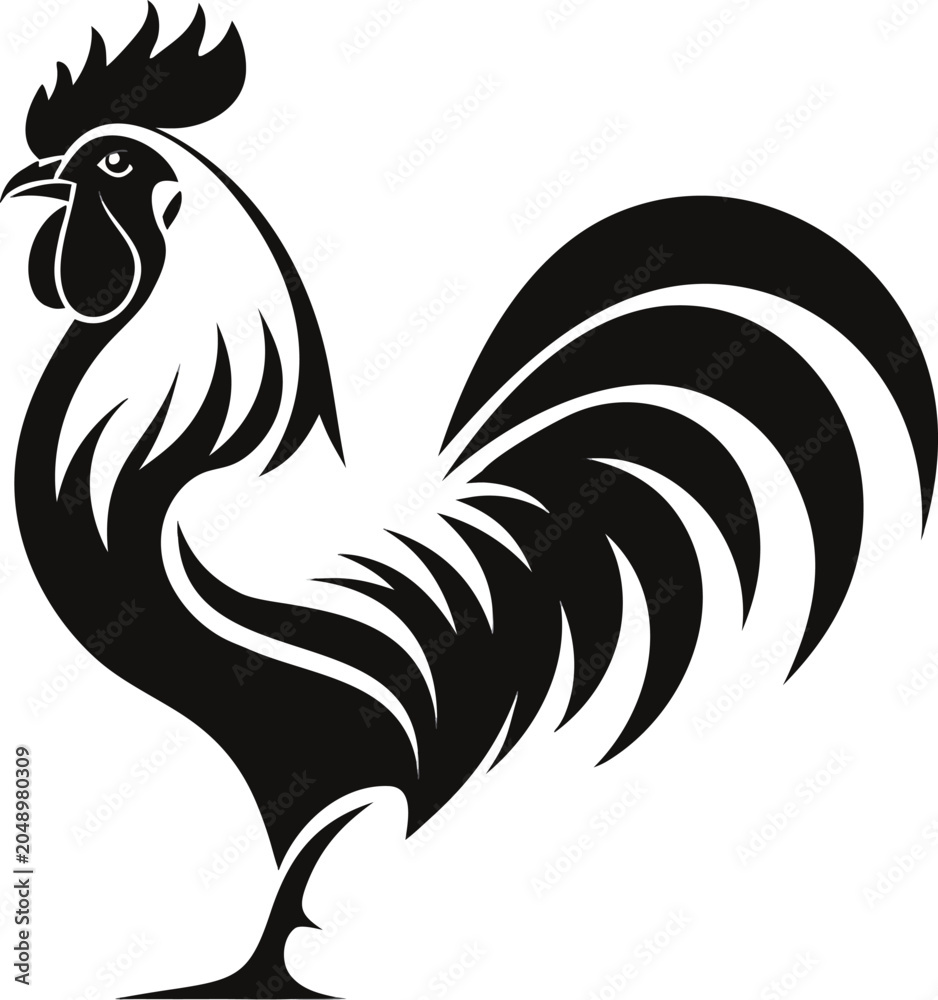 Fototapeta premium Black rooster, rooster silhouette, vector rooster, black and white illustration, farm animal