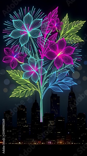 Neon Floral Bouquet Over City Skyline