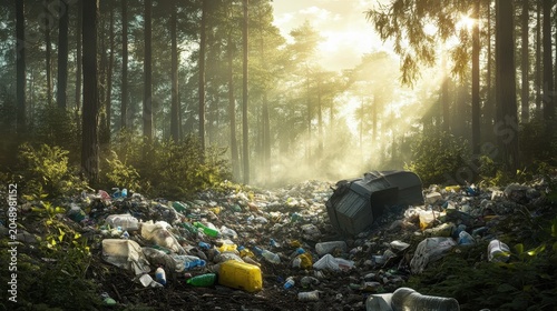 Illegal dumping of plastic waste pollutes a sun-dappled forest environment