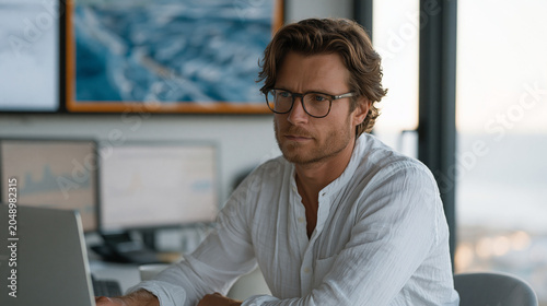 Space tourism company environmental consultant reviewing carbon footprint analysis charts in modern office, wall-mounted display comparing rocket propellant emission data against
