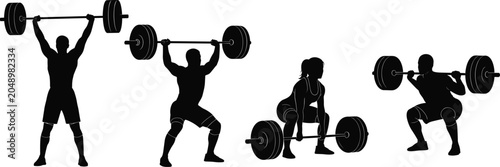 Foto Silhouettes of athletes performing weightlifting exercises with barbells showcas
