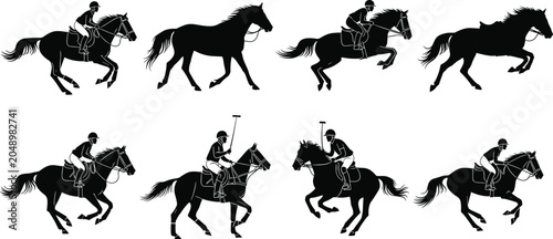 Cuadro en lienzo Silhouettes of horse riders in polo sequence, showing galloping motion, mallet p