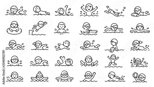 Kids swimming line icon set. Children in pool, swim lessons, water play, floating children outline vector illustrations. Signs for aquatic education on white background.
