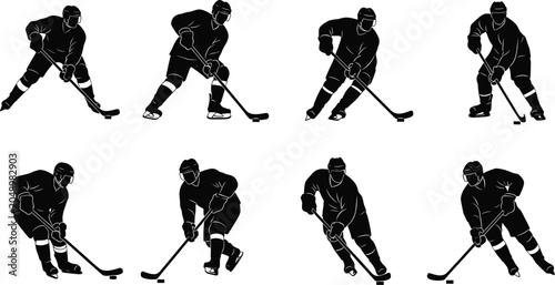 Canvas-taulu Silhouettes of ice hockey players in dynamic skating and puck‑handling poses, sy