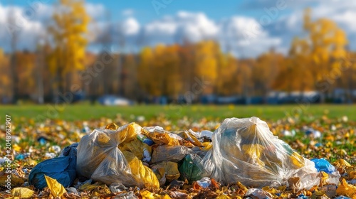 Piles of Plastic Trash Bags and Discarded Waste Scattered Across a Rural Field with Autumn Leaves and Trees in Soft Light