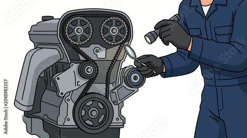 Fotografie Mechanic in blue overalls tightening a car engine belt with a wrench on a white background with industrial tones