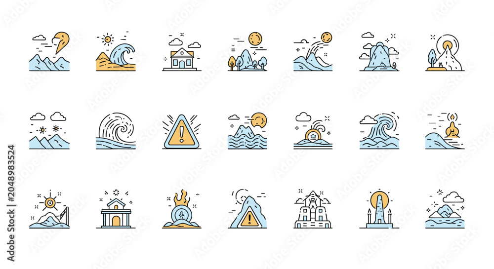Fototapeta premium Colorful set of natural disaster and landmark icons depicts volcanoes, tsunamis, mountains, and historic ruins.