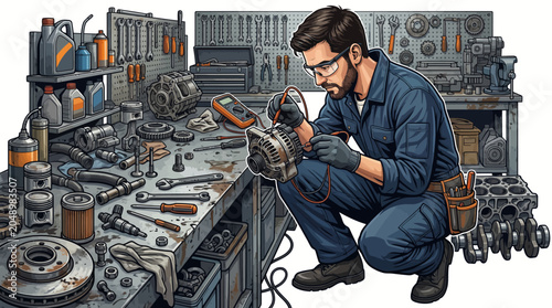 Photography A mechanic in a blue jumpsuit crouches while working on machinery in a cluttered workshop with various tools and equipment