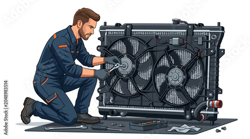 A mechanic in blue overalls kneels beside a large radiator with two fans, adjusting it with a tool on a black mat with scattered tools, against a plain white background.