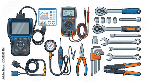 Flat lay of various tools and equipment for electronics and mechanics on a white background with a technical mood.