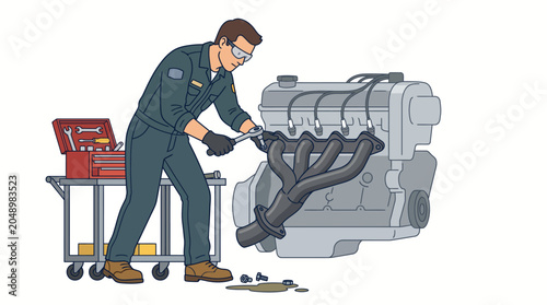 A mechanic in a green jumpsuit and safety glasses works on an engine with tools on a cart in a clean, isolated environment.