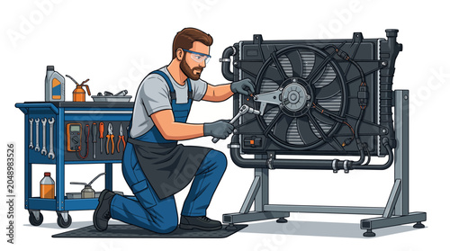 A mechanic kneeling and adjusting a car radiator fan next to a toolbox with various tools on a white background.