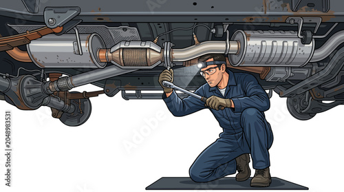 Mechanic in blue overalls and cap kneels under a car, using a wrench on the exhaust system against a plain white background.