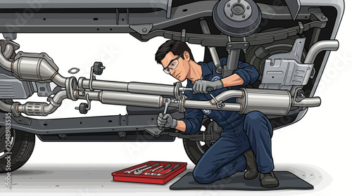 Illustration of a mechanic kneeling under a car working on the exhaust system with tools on a white background.