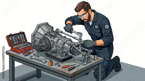 A mechanic in a dark blue uniform inspecting a large engine on a workbench with tools, in a workshop setting with a plain white background.