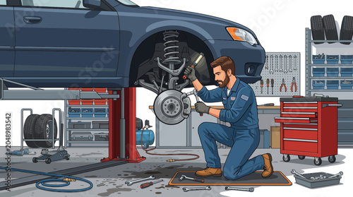 Mechanic in blue uniform kneeling and inspecting a car's wheel on a lift in a well-equipped garage with various tools and equipment.
