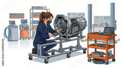 A female mechanic in a blue jumpsuit works on a large jet engine with tools on a stand in a well-equipped industrial workshop with various machinery and equipment around her.