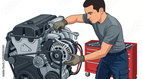 A mechanic in a gray t-shirt and blue jeans works on a car engine with a red toolbox behind him on a plain white background.