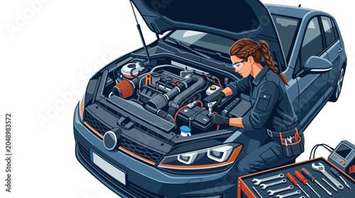 Illustration of a female mechanic inspecting a car engine with the hood open and tool box nearby on a white background.