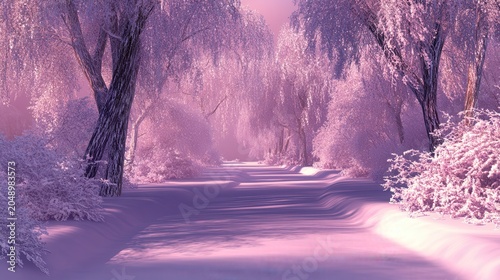 Serene Winter Landscape with Snow Covered Trees and a Winding Path Under Soft Purple Light