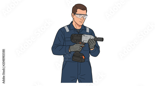 Illustration of a man in a blue jumpsuit holding a drill on a white background with safety glasses and gloves.