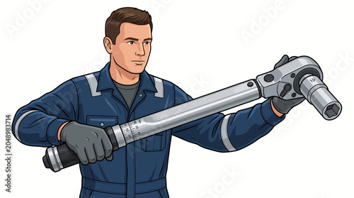 Illustration of a mechanic holding a large socket wrench with both hands, wearing a blue uniform and gray gloves, against a plain white background.