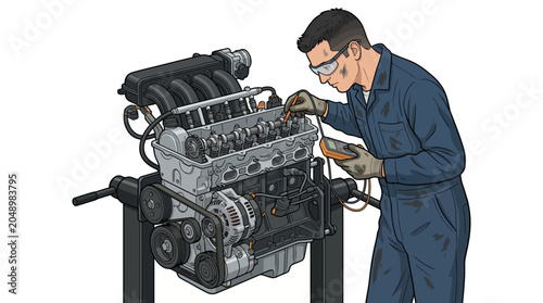 Mechanic in blue overalls working on a car engine with tools in a workshop setting with a neutral mood.