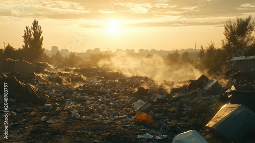 Smoke rising from burning waste and charred debris in a rural landfill at sunset