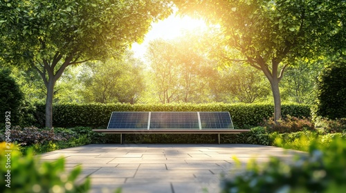 Solar powered public bench in a sunlit park, embodying sustainable urban design and renewable energy solutions.