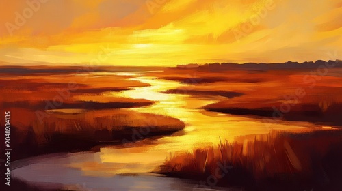 Warm sunset glow over a winding river reflecting golden light across a serene landscape painting.
