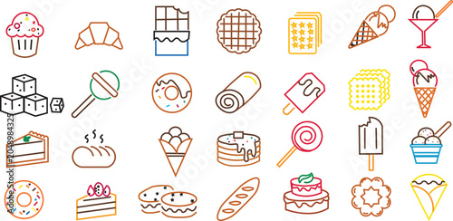 Foto Comprehensive collection of 28 sweet food and dessert line icons featuring bakery goods, ice cream, pastries, and confectionery sweets in minimal outline style