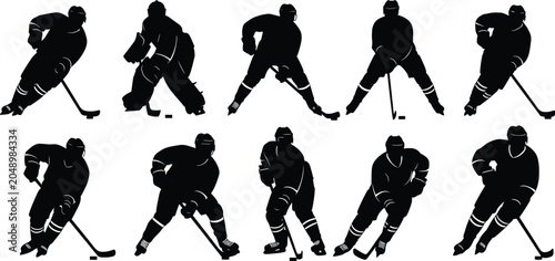 Canvas Print Ten black silhouettes of hockey players arranged in two rows performing skating